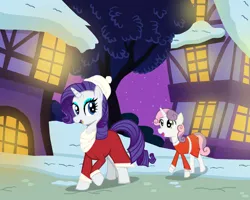 Size: 1280x1024 | Tagged: safe, artist:mr100dragon100, derpibooru import, rarity, sweetie belle, g4, clothes, hearth's warming eve, house, houses, image, jpeg, snow, teenager, winter