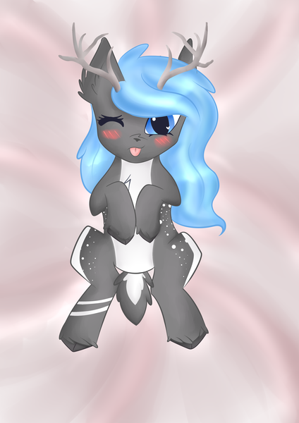 Size: 2480x3508 | Tagged: safe, artist:nekusia, derpibooru import, oc, oc:nappy, deer, deer pony, original species, pony, :p, blushing, cute, high res, image, png, tongue out