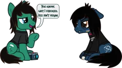 Size: 2061x1157 | Tagged: suggestive, artist:lightningbolt, derpibooru import, oc, ponified, ponified:oliver sykes, earth pony, pony, undead, zombie, zombie pony, g4, .svg available, angry, bloodshot eyes, blushing, bone, bring me the horizon, brothers, camera, clothes, derpibooru exclusive, dialogue, duo, duo male, fangs, floppy ears, glasgow smile, image, implied blowjob, implied gay, implied oral, implied sex, long sleeves, male, open mouth, png, rainbow blushing, raised eyebrow, raised hoof, scar, show accurate, siblings, simple background, sitting, speech bubble, stitches, tattoo, tom sykes, torn ear, transparent background, underhoof, vector