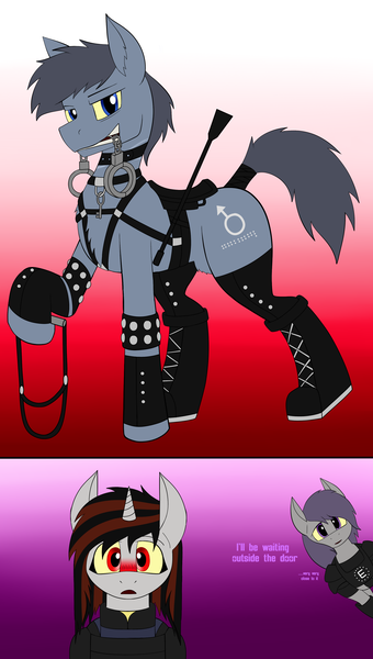 Size: 2185x3855 | Tagged: suggestive, artist:rorrek, derpibooru import, oc, oc:blackjack, oc:morning glory (project horizons), oc:p-21, unofficial characters only, earth pony, pegasus, pony, unicorn, fallout equestria, fallout equestria: project horizons, armor, bdsm, blushing, boots, bridle, clothes, collar, colored sclera, cuffs, dialogue, enclave, enclave armor, fanfic art, gradient background, high res, image, leather, leather boots, leather straps, male, male focus, panel, pjack, png, riding crop, saddle, shoes, solo focus, tack, tail, tail wrap, text, wristband, yellow sclera