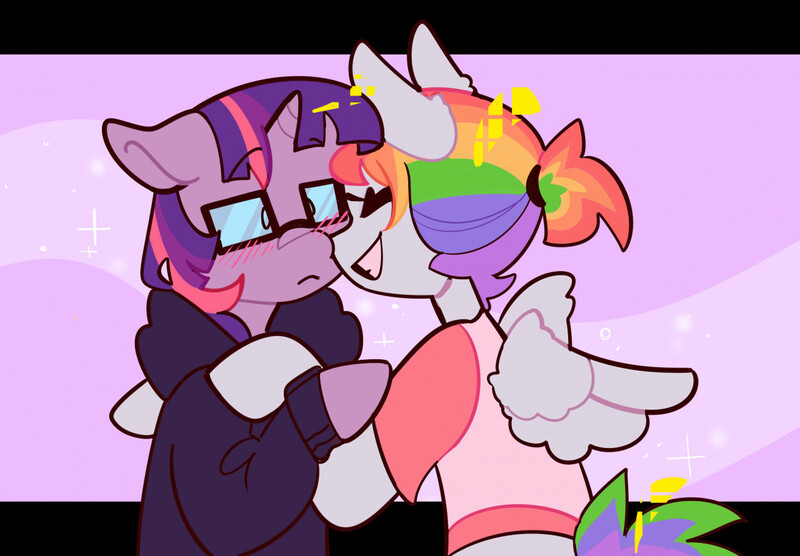 Size: 1280x890 | Tagged: safe, artist:tofukoi, derpibooru import, rainbow dash, twilight sparkle, pegasus, semi-anthro, unicorn, g4, arm hooves, blushing, clothes, eyes closed, female, glasses, hoodie, hug, image, jpeg, lesbian, shipping, shirt, smiling, spread wings, twidash, wings