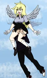 Size: 1444x2369 | Tagged: safe, artist:_mssj9, derpibooru import, derpy hooves, human, g4, black hair, blonde, blonde hair, clothes, cloud, converse, derpibooru exclusive, eye clipping through hair, eyelashes, flying, gloves, humanized, image, open mouth, open smile, pegasus wings, pleated skirt, png, shoes, skirt, sky, smiling, socks, winged humanization, wings