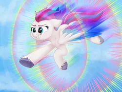 Size: 2048x1536 | Tagged: safe, artist:starfire_pone, derpibooru import, zipp storm, pegasus, pony, g5, my little pony: a new generation, cloud, colored wings, female, flying, grin, hoof heart, image, jpeg, mare, multicolored mane, multicolored wings, sky, smiling, solo, sonic rainboom, underhoof, unshorn fetlocks, wings