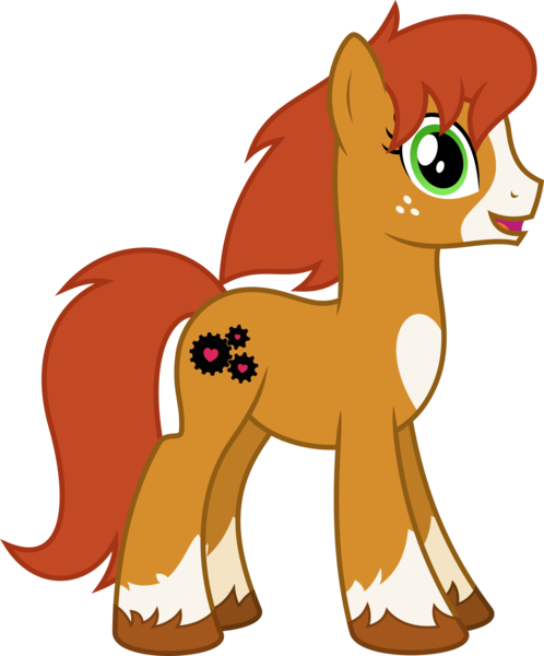 Size: 4000x4824 | Tagged: safe, artist:parclytaxel, derpibooru import, oc, oc:gearheart, unofficial characters only, earth pony, pony, derpibooru community collaboration, .svg available, 2022 community collab, absurd resolution, brown mane, brown tail, coat markings, earth pony oc, female, freckles, full body, green eyes, image, looking at you, mare, markings, monthly reward, open mouth, open smile, png, show accurate, simple background, smiling, socks (coat marking), solo, tail, transparent background, unshorn fetlocks, vector