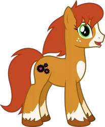 Size: 4000x4824 | Tagged: safe, artist:parclytaxel, derpibooru import, oc, oc:gearheart, unofficial characters only, earth pony, pony, derpibooru community collaboration, .svg available, 2022 community collab, absurd resolution, brown mane, brown tail, coat markings, earth pony oc, female, freckles, full body, green eyes, image, looking at you, mare, markings, monthly reward, open mouth, open smile, png, show accurate, simple background, smiling, socks (coat marking), solo, tail, transparent background, unshorn fetlocks, vector