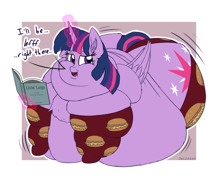 Size: 3000x2500 | Tagged: suggestive, artist:jailriot, derpibooru import, twilight sparkle, twilight sparkle (alicorn), alicorn, pony, g4, belly, belly on floor, big belly, bingo wings, book, burger, butt, chubby cheeks, clothes, dialogue, double chin, ear fluff, fat, fat fetish, fat wings, female, fetish, food, glow, glowing horn, hay burger, high res, horn, huge belly, huge butt, image, impossibly large belly, impossibly large butt, large butt, looking at you, magic, morbidly obese, near immobile, neck roll, obese, open mouth, panties, plot, png, rolls of fat, socks, solo, solo female, talking to viewer, telekinesis, that pony sure does love burgers, twibutt, twilard sparkle, twilight burgkle, underwear, walking, wings