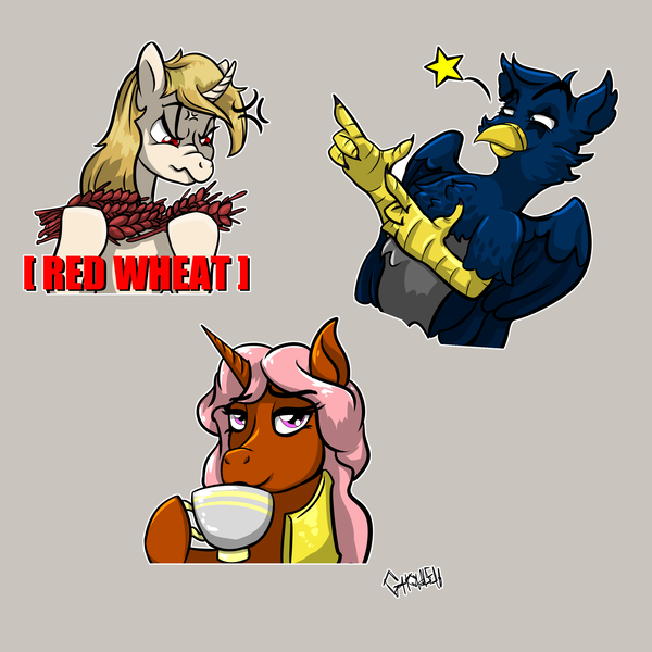 Size: 3000x3000 | Tagged: safe, artist:ghouleh, derpibooru import, oc, oc:bitter delight, oc:eid, oc:regal inkwell, unofficial characters only, gryphon, pony, unicorn, armor, cup, curved horn, female, finger gun, food, high res, horn, image, male, mare, png, royal guard, stallion, stars, teacup, wheat