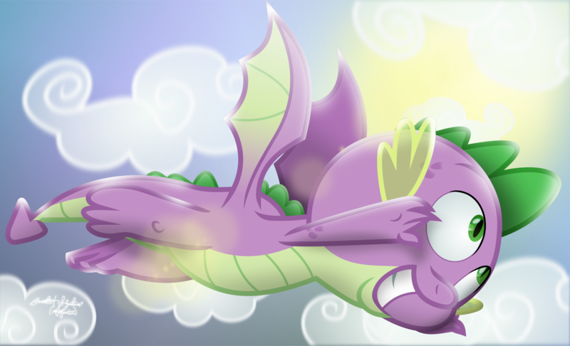 Size: 1621x985 | Tagged: safe, artist:php178, derpibooru import, spike, dragon, father knows beast, g4, my little pony: the movie, .svg available, cloud, cloudy, flying, grin, image, lens flare, movie accurate, nc-tv signature, png, raised arm, raised arms, scales, signature, signed, simple background, smiling, sunlight, sunshine, underfoot, vector, winged spike, wings