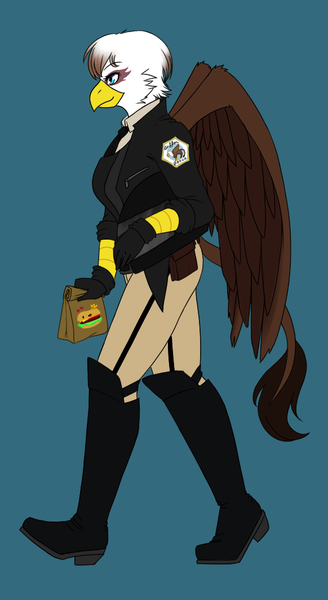 Size: 582x1064 | Tagged: safe, artist:imperfect-ion, derpibooru import, oc, oc:iris ironhide, anthro, gryphon, beak, boots, burger, clothes, fast food, female, food, gloves, griffon oc, hamburger, helmet, high heel boots, image, png, police officer, police uniform, shoes, uniform