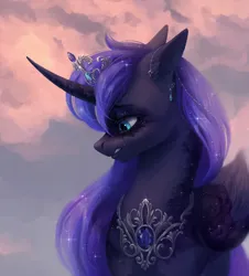 Size: 2350x2600 | Tagged: safe, artist:miurimau, derpibooru import, princess luna, alicorn, pony, g4, bust, cloud, commission, crown, crying, depressed, depression, female, folded wings, high res, horn, image, jewelry, mare, modified accessory, peytral, png, regalia, solo, tears of pain, teary eyes, wings, wings down