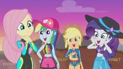 Size: 1280x721 | Tagged: suggestive, derpibooru import, edit, edited screencap, editor:thedarkpony, screencap, applejack, fluttershy, rainbow dash, rarity, aww... baby turtles, equestria girls, equestria girls series, g4, clothes, fart, fart edit, fart noise, female, fluttershy's wetsuit, image, my little pony equestria girls: better together, onomatopoeia, png, rarity's blue sarong, rarity's purple bikini, sound effects, swimsuit, wetsuit