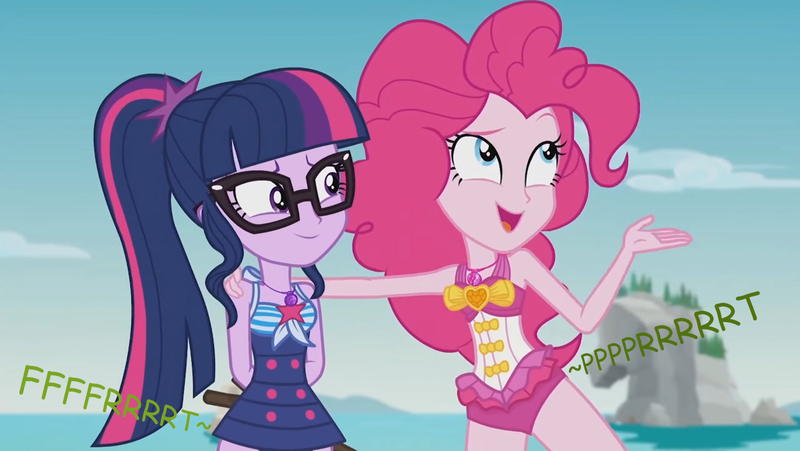 Size: 1280x721 | Tagged: suggestive, derpibooru import, edit, edited screencap, editor:thedarkpony, screencap, pinkie pie, sci-twi, twilight sparkle, equestria girls, equestria girls series, friendship math, g4, clothes, fart, fart edit, fart noise, female, image, my little pony equestria girls: better together, one-piece swimsuit, onomatopoeia, pinkie pie swimsuit, png, sci-twi swimsuit, sound effects, stinkie pie, swimsuit