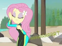 Size: 867x642 | Tagged: safe, derpibooru import, edit, edited screencap, editor:thedarkpony, screencap, fluttershy, equestria girls, equestria girls series, g4, unsolved selfie mysteries, cropped, eyes closed, fart, fart edit, fart noise, female, fluttershy's wetsuit, image, my little pony equestria girls: better together, onomatopoeia, png, sound effects, wetsuit