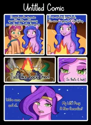 Size: 2160x2962 | Tagged: safe, artist:artiks, derpibooru import, izzy moonbow, pipp petals, sunny starscout, earth pony, pegasus, pony, unicorn, g5, my little pony: a new generation, comic, dialogue, fire, frown, high res, image, jpeg, lidded eyes, looking at you, parody, scene interpretation, smiling