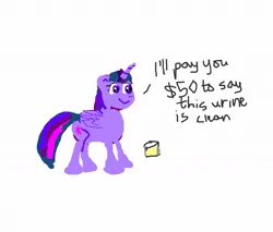 Size: 1120x956 | Tagged: safe, artist:schmergo, derpibooru import, twilight sparkle, twilight sparkle (alicorn), alicorn, pony, g4, 1000 hours in ms paint, bribery, cup, female, image, implied drug use, jpeg, playinterference, solo, standing