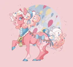 Size: 1280x1167 | Tagged: safe, artist:k-eilonwy, derpibooru import, pinkie pie (g3), earth pony, pony, g3, bow, coat markings, colored hooves, confetti, deviantart watermark, female, image, jpeg, mare, obtrusive watermark, ribbon, smiling, solo, tail, tail bow, watermark