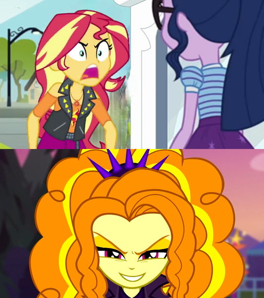 Size: 1920x2160 | Tagged: safe, derpibooru import, edit, edited screencap, screencap, adagio dazzle, sci-twi, sunset shimmer, twilight sparkle, equestria girls, equestria girls series, g4, text support, angry, antagonist, equestria girls specials, evil grin, grin, image, my little pony equestria girls: better together, my little pony equestria girls: forgotten friendship, my little pony equestria girls: sunset's backstage pass, png, rage, rageset shimmer, smiling, yelling