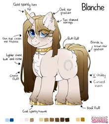 Size: 3444x3908 | Tagged: safe, artist:sk-ree, derpibooru import, oc, oc:blanche vide, unofficial characters only, pony, unicorn, blue eyes, butt fluff, chest fluff, colored eartips, colored hooves, colored horn, curved horn, ear fluff, ear piercing, earring, eye clipping through hair, female, fluffy, freckles, gold hooves, gradient mane, gradient tail, high res, hoof fluff, hooves, horn, image, jewelry, looking at you, mare, necklace, pale belly, piercing, png, reference, reference sheet, simple background, solo, standing, tail, unshorn fetlocks, white background