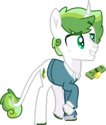 Size: 888x1051 | Tagged: safe, artist:rickysocks, derpibooru import, oc, oc:viridian sage, unofficial characters only, pony, unicorn, coin, dollar, dreamworks face, eyebrows, eyebrows visible through hair, grin, horn, image, male, offspring, parent:fancypants, parent:rarity, parents:raripants, png, raised hoof, simple background, smiling, solo, teenager, transparent background, unicorn oc