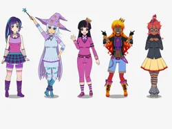 Size: 1032x774 | Tagged: safe, artist:icicle-nicicle-1517 kisekae, derpibooru import, moondancer, starlight glimmer, sunset shimmer, trixie, twilight sparkle, human, g4, alternate hairstyle, belt, blackwashing, blushing, boots, caption, clothes, dark skin, ear piercing, earring, female, finger gun, glasses, gloves, grin, humanized, image, jewelry, jpeg, kisekae, looking at you, piercing, shadow, shoes, shorts, simple background, skirt, smiling, smiling at you, socks, spiked braclet, stockings, sweater, text, thigh highs, waving at you, white background