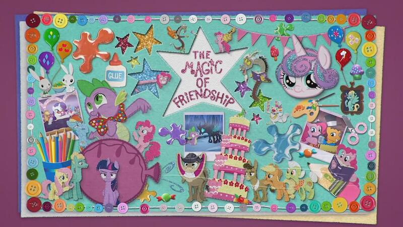 Size: 1280x720 | Tagged: safe, derpibooru import, angel bunny, applejack, cheese sandwich, cranky doodle donkey, discord, fluttershy, granny smith, matilda, opalescence, pinkie pie, princess flurry heart, rainbow dash, rarity, spike, thorax, twilight sparkle, twilight sparkle (alicorn), zephyr breeze, alicorn, changeling, donkey, pony, rabbit, g4, animal, baby flurry heart's heartfelt scrapbook, balloon, book, cake, collage, cushion, easel, food, glasses, glue, image, jpeg, marzipan mascarpone meringue madness, pencil, rarity's glasses, scissors, the magic of friendship, whoopee cushion