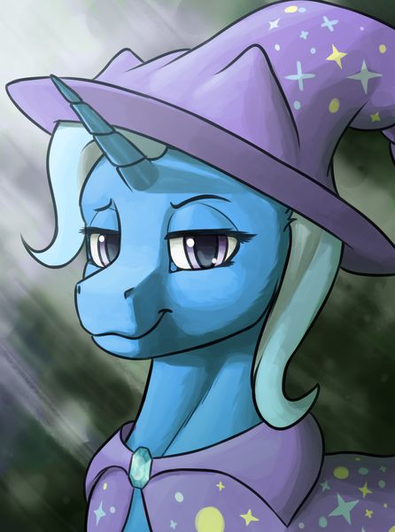 Size: 1248x1680 | Tagged: safe, alternate version, artist:stardustspix, derpibooru import, trixie, pony, unicorn, equestria at war mod, g4, :t, abstract background, bust, cape, clothes, ear fluff, eyebrows, female, gem, hat, horn, image, lidded eyes, looking at you, mare, palindrome get, png, portrait, smiling, smug, solo, trixie's cape, trixie's hat