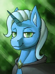 Size: 1248x1680 | Tagged: safe, alternate version, artist:stardustspix, derpibooru import, trixie, pony, unicorn, equestria at war mod, g4, abstract background, brooch, bust, cloak, clothes, ear fluff, gem, glow, glowing eyes, green eyes, horn, image, jewelry, lidded eyes, looking at you, png, portrait, smug, solo