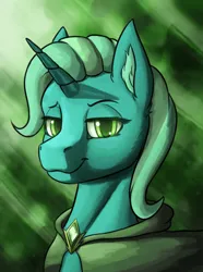 Size: 1248x1680 | Tagged: safe, alternate version, artist:stardustspix, derpibooru import, trixie, pony, unicorn, equestria at war mod, g4, abstract background, brooch, bust, cloak, clothes, ear fluff, gem, glow, glowing eyes, green eyes, horn, image, jewelry, lidded eyes, looking at you, png, portrait, smug, solo