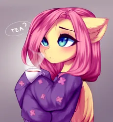 Size: 2800x3030 | Tagged: safe, artist:shavurrr, derpibooru import, fluttershy, pegasus, pony, g4, blushing, clothes, cup, cute, daaaaaaaaaaaw, female, floppy ears, food, high res, image, jpeg, long sleeves, looking up, mare, shyabetes, simple background, solo, steam, sweater, tea, teacup, weapons-grade cute