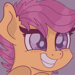 Size: 1773x1773 | Tagged: safe, artist:lynnpone, derpibooru import, scootaloo, pegasus, pony, g4, close-up, cute, cutealoo, ear fluff, gritted teeth, image, jpeg, simple background, smiling, solo, teeth