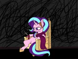 Size: 1000x750 | Tagged: semi-grimdark, artist:slamjam, derpibooru import, starlight glimmer, pony, unicorn, g4, blood, dagger, female, frown, image, jpeg, knife, laurel wreath, mare, sitting, solo, starlight glimmer is not amused, throne, unamused, weapon