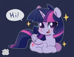 Size: 1280x995 | Tagged: safe, artist:talimingi, derpibooru import, twilight sparkle, twilight sparkle (alicorn), alicorn, pony, g4, blue background, blushing, colored pupils, cute, dialogue, hi, image, jpeg, looking at you, lying, ponyloaf, prone, purple background, simple background, smiling, solo, sparkles, speech bubble, talking to viewer, twiabetes