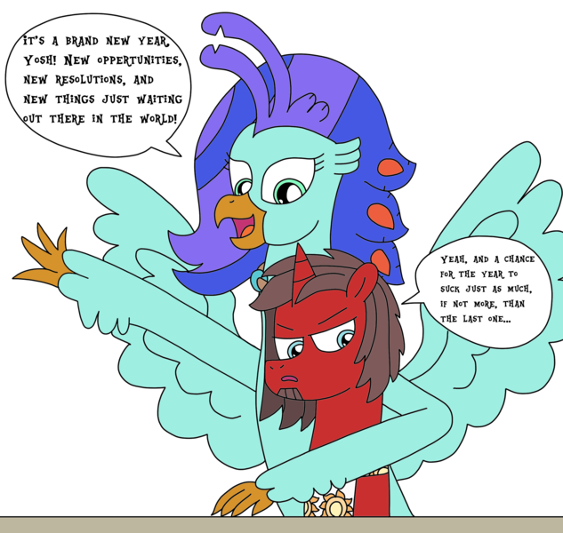 Size: 2485x2355 | Tagged: safe, artist:supahdonarudo, derpibooru import, oc, oc:ironyoshi, oc:sea lilly, unofficial characters only, classical hippogriff, hippogriff, pony, unicorn, angry, dialogue, facial hair, happy, high res, image, new year, png, simple background, speech bubble, transparent background