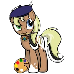 Size: 800x800 | Tagged: safe, derpibooru import, oc, oc:unity (brony fair), unofficial characters only, earth pony, pony, beret, brony fair, coat markings, earth pony oc, easel, female, hat, heterochromia, image, mare, mascot, mouth hold, paintbrush, palette, png, simple background, solo, standing, tail, transparent background