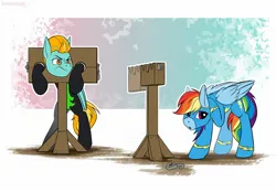 Size: 2048x1426 | Tagged: safe, artist:kirasunnight, derpibooru import, lightning dust, rainbow dash, pegasus, pony, g4, bipedal, bondage, clothes, duo, female, frown, image, jpeg, lock, mare, padlock, stocks, uniform, washouts uniform, wonderbolts uniform