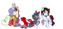 Size: 4920x2252 | Tagged: suggestive, artist:kb-gamerartist, derpibooru import, oc, oc:elizabat stormfeather, oc:krissy, oc:mish-mash, unofficial characters only, alicorn, bat pony, bat pony alicorn, pegasus, pony, alicorn oc, amputee, artificial wings, augmented, bags under eyes, bat pony oc, bat wings, bondage, bow, choker, christmas, christmas sweater, clothes, collar, ear piercing, earring, erotic tickling, fake antlers, feather, female, femdom, femsub, fetish, freckles, gag, gift wrapped, glow, glowing horn, grin, hair bow, holiday, hoof tickling, horn, image, jewelry, magic, markings, mouth hold, multicolored hair, one eye closed, piercing, png, prosthetic limb, prosthetic wing, prosthetics, raised hoof, raised leg, ribbon, simple background, smiling, socks, stockings, striped socks, submissive, sweater, thigh highs, tickle fetish, tickle torture, tickling, transparent background, trio, wings