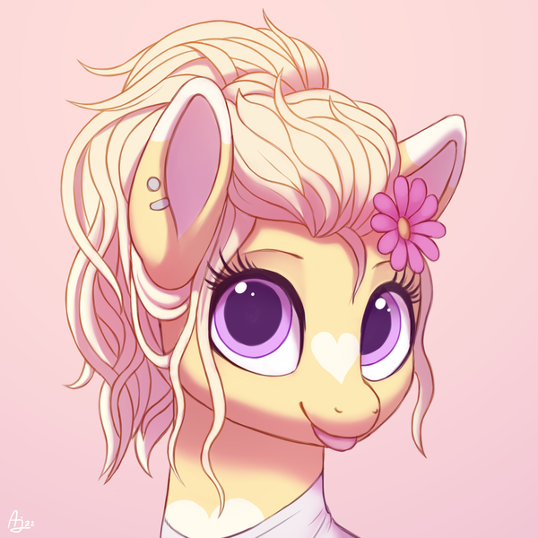 Size: 1500x1500 | Tagged: safe, artist:luminousdazzle, derpibooru import, oc, oc:vanilla heart, unofficial characters only, earth pony, pony, :p, bust, coat markings, colored eartips, cute, ear markings, ear piercing, earth pony oc, eyelashes, facial markings, female, flower, flower in hair, heart mark, image, looking at you, mare, piercing, pink background, png, ponytail, portrait, purple eyes, signature, simple background, smiling, smiling at you, solo, star (coat marking), tongue out