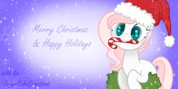 Size: 2116x1068 | Tagged: safe, artist:sugarcubecreationz, derpibooru import, oc, oc:sweetheart, pony, unicorn, base used, candy, candy cane, christmas, female, food, hat, holiday, image, mare, mouth hold, png, santa hat, solo