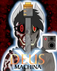 Size: 3169x3894 | Tagged: grimdark, suggestive, artist:rorrek, derpibooru import, oc, oc:blackjack, oc:deus, oc:doof, cyborg, earth pony, pony, unicorn, fallout equestria, fallout equestria: project horizons, black sclera, blood, cannon, fanfic art, friday the 13th, gun, high res, image, jason voorhees, jason x, movie reference, png, red eyes, scar, surprised, weapon