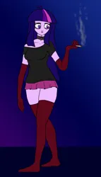 Size: 571x1000 | Tagged: safe, artist:slamjam, derpibooru import, twilight sparkle, human, g4, choker, clothes, evening gloves, gloves, humanized, image, jpeg, long gloves, smoking, socks, stocking feet, stockings, thigh highs