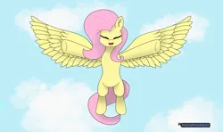 Size: 11466x6808 | Tagged: safe, artist:phosphorshy, derpibooru import, fluttershy, pegasus, pony, g4, absurd resolution, blue sky, chest fluff, cloud, cute, daaaaaaaaaaaw, ear fluff, eyes closed, flying, image, incoming hug, open mouth, open smile, outstretched arms, png, shyabetes, signature, sky, smiling, solo, spread wings, wings