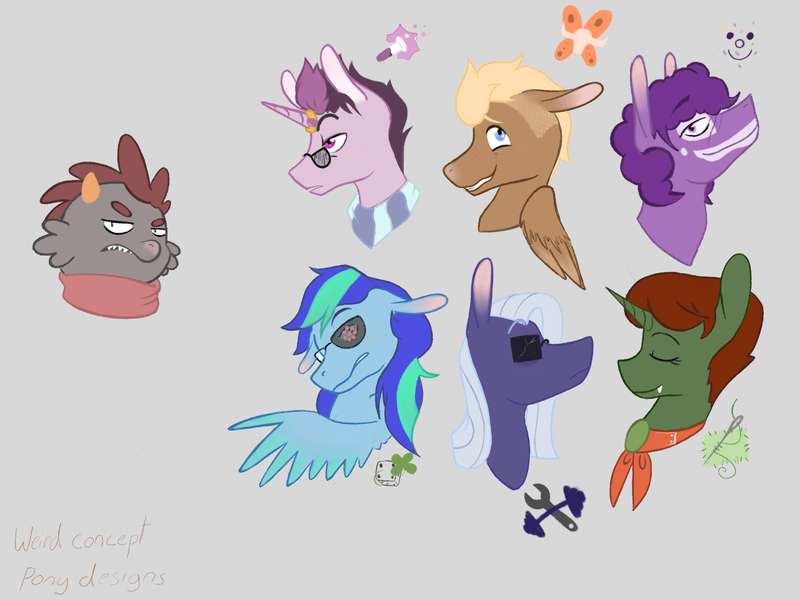 Size: 2732x2048 | Tagged: safe, artist:cartoon-bazooka, derpibooru import, ponified, earth pony, pegasus, pony, unicorn, crossover, equius zahhak, eridan ampora, eyepatch, face paint, gamzee makara, glasses, gray background, high res, homestuck, horn, horn ring, image, jewelry, kanaya maryam, karkat vantas, png, ring, simple background, sunglasses, tavros nitram, vriska serket