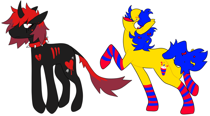 Size: 4500x2500 | Tagged: safe, artist:catastrophyte, derpibooru import, oc, unofficial characters only, earth pony, pony, unicorn, adoptable, black coat, blue mane, blue tail, collar, colorful, earth pony oc, emo, horn, image, multicolored coat, png, red and black oc, red mane, simple background, spiked collar, tail, transparent background, unicorn oc