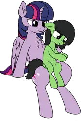 Size: 4191x6268 | Tagged: safe, alternate version, artist:smoldix, artist:wheredamaresat, derpibooru import, edit, twilight sparkle, twilight sparkle (alicorn), oc, oc:anonfilly, alicorn, earth pony, pony, g4, age difference, belly, belly button, black mane, black tail, chest fluff, concentrating, cute, duo, ear fluff, earth pony oc, eyebrows, eyebrows visible through hair, female, filly, floppy ears, foal, green eyes, horn, image, looking at something, mare, multicolored mane, png, purple eyes, scrunchy face, simple background, sitting, smiling, tail, transparent background, twilight is a foal fiddler, wholesome, wings