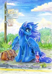 Size: 927x1300 | Tagged: safe, artist:maytee, derpibooru import, princess luna, alicorn, pony, g4, bag, bottle, bus stop, colored pencil drawing, drink, image, jpeg, sitting, sky, soda, soda bottle, solo, traditional art