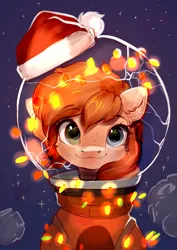 Size: 2480x3508 | Tagged: safe, artist:sofiko-ko, derpibooru import, oc, oc:rusty gears, unofficial characters only, earth pony, pony, asteroid, astronaut, bust, christmas, earth pony oc, female, hat, helmet, heterochromia, high res, holiday, image, jpeg, looking at you, mare, portrait, santa hat, smiling, smiling at you, solo, space, spacesuit, stars, string lights