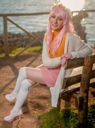 Size: 1432x1920 | Tagged: safe, artist:saru-cosplay, derpibooru import, fluttershy, human, g4, clothes, cosplay, costume, crossed legs, high heels, image, irl, irl human, jpeg, photo, shoes, sitting, socks, stockings, thigh highs