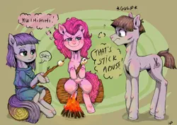 Size: 1754x1240 | Tagged: safe, artist:porcelanowyokular, derpibooru import, maud pie, mudbriar, pinkie pie, earth pony, pony, g4, abstract background, campfire, female, fireplace, food, image, male, mare, marshmallow, png, roasted marshmallow, sitting, stallion, stick abuse