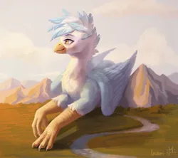 Size: 1080x960 | Tagged: safe, artist:miurimau, derpibooru import, oc, unofficial characters only, gryphon, griffon oc, image, jpeg, macro, male, outdoors, river, smiling, solo, water, wings