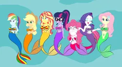 Size: 1368x757 | Tagged: suggestive, artist:meierus, derpibooru import, applejack, fluttershy, pinkie pie, rainbow dash, rarity, sci-twi, sunset shimmer, twilight sparkle, mermaid, equestria girls, g4, big breasts, bra, breasts, clothes, crossover, fish tail, humane five, humane seven, humane six, image, mermaid tail, mermaidized, mermarity, png, seashell, seashell bra, species swap, tail, the little mermaid, transformation, underwear